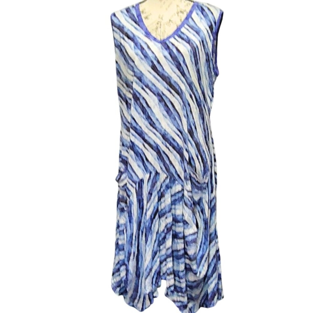 Blue Striped Watercolor Tiered Ruched Midi Dress Large Drop Waist Pockets Knit